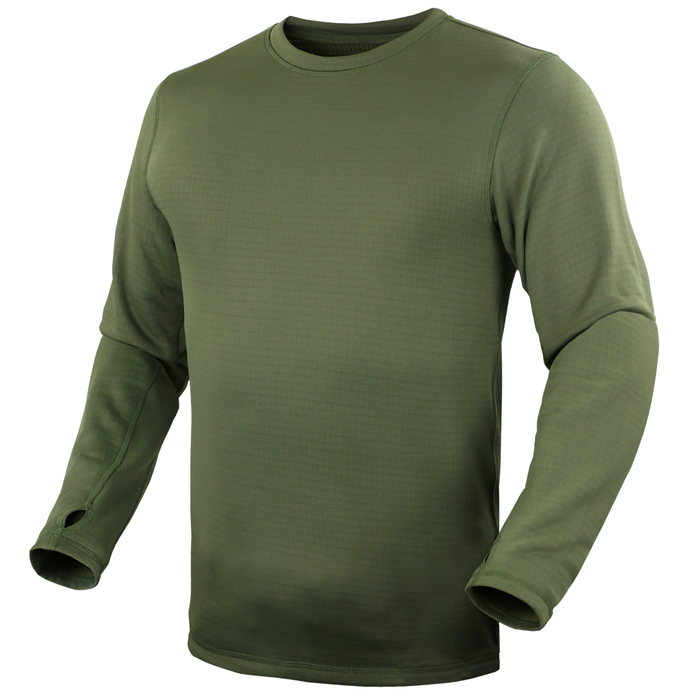 The Condor Base II Crew Pullover is an olive green, long-sleeve crewneck shirt with thumbholes—perfect for bushcraft adventures—shown on a plain background.