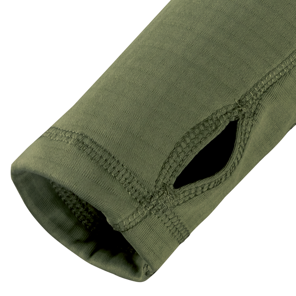 Close-up of the Condor Base II Crew Pullover’s green long sleeve with thumb hole near the cuff, highlighting detailed stitching and fabric texture—ideal for first responders.