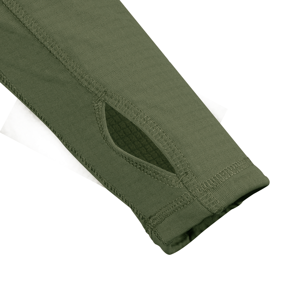 Close-up of the Condor Base II Crew Pullover in olive green, featuring a thumbhole near the cuff with visible stitching and textured fabric—perfect for bushcraft or shooting range activities.