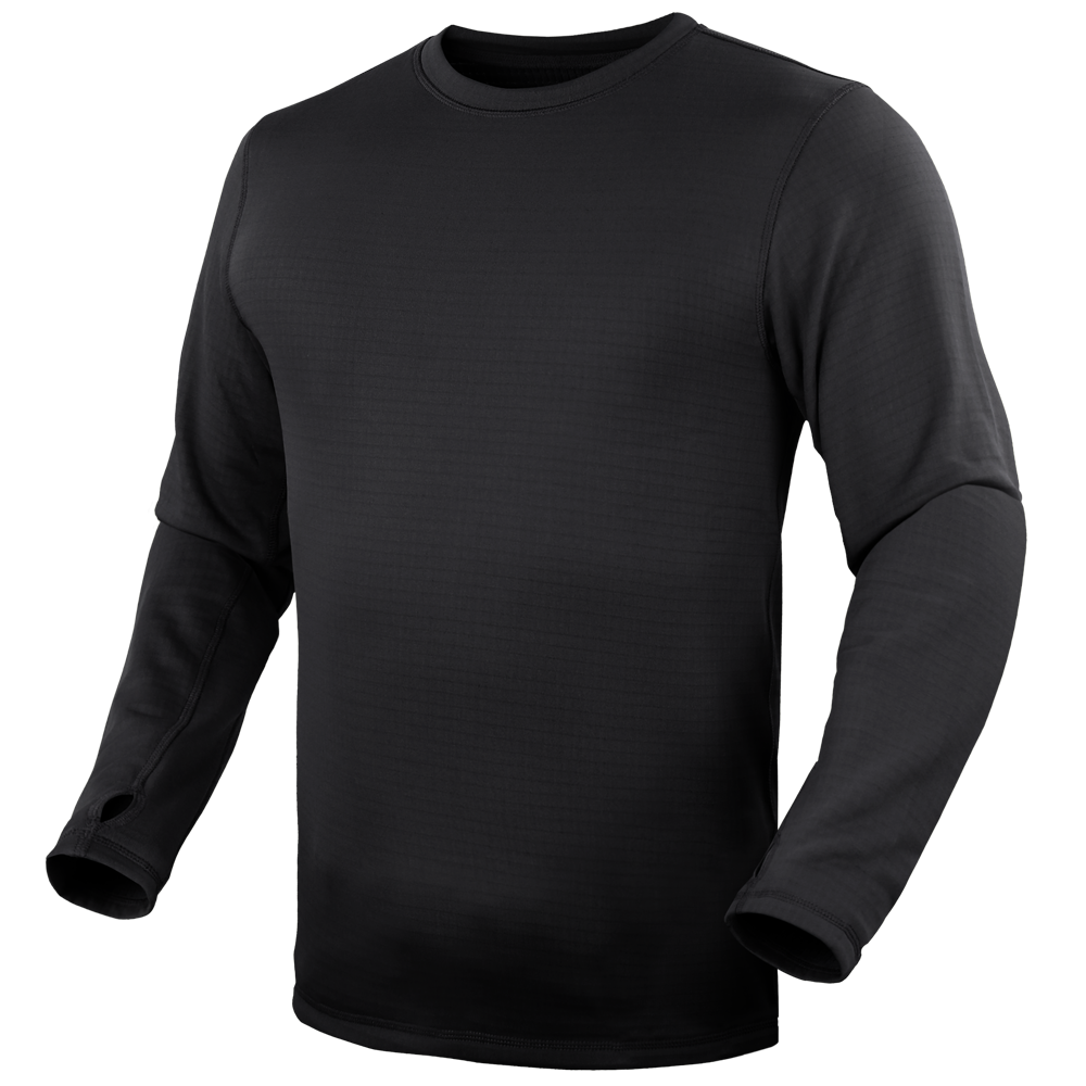 The Condor Base II Crew Pullover is a plain black long-sleeve shirt with thumbholes and a crew neck, ideal for EDC or law enforcement use, shown on a featureless background.