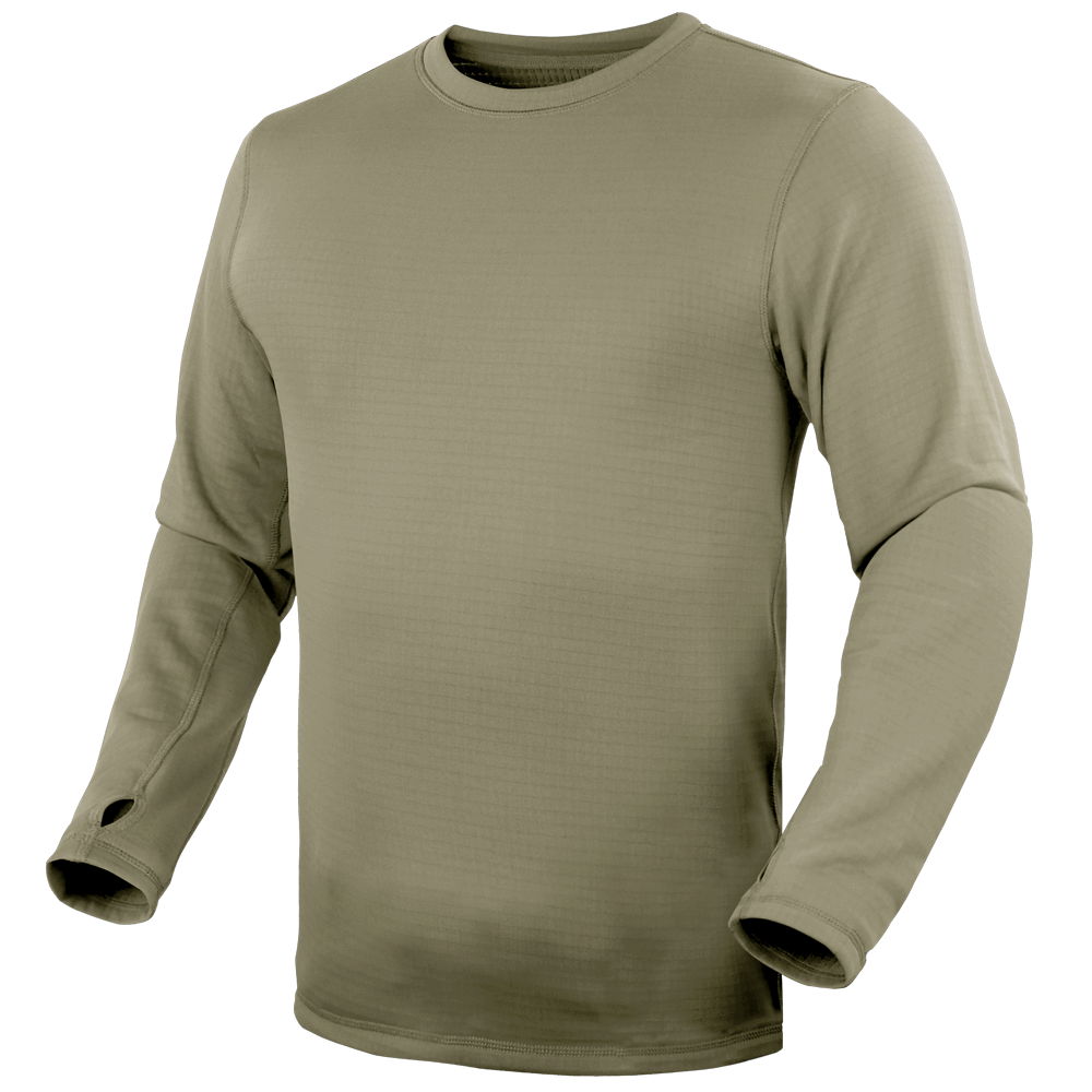 The Condor Base II Crew Pullover is an olive green long-sleeve crewneck shirt with thumb holes, perfect for EDC or bushcraft, shown on a plain background.