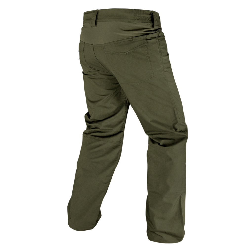 Back view of Condor Odyssey Pants Gen III in olive green with multiple pockets and straight legs, designed for military or first responders, shown on a plain white background.