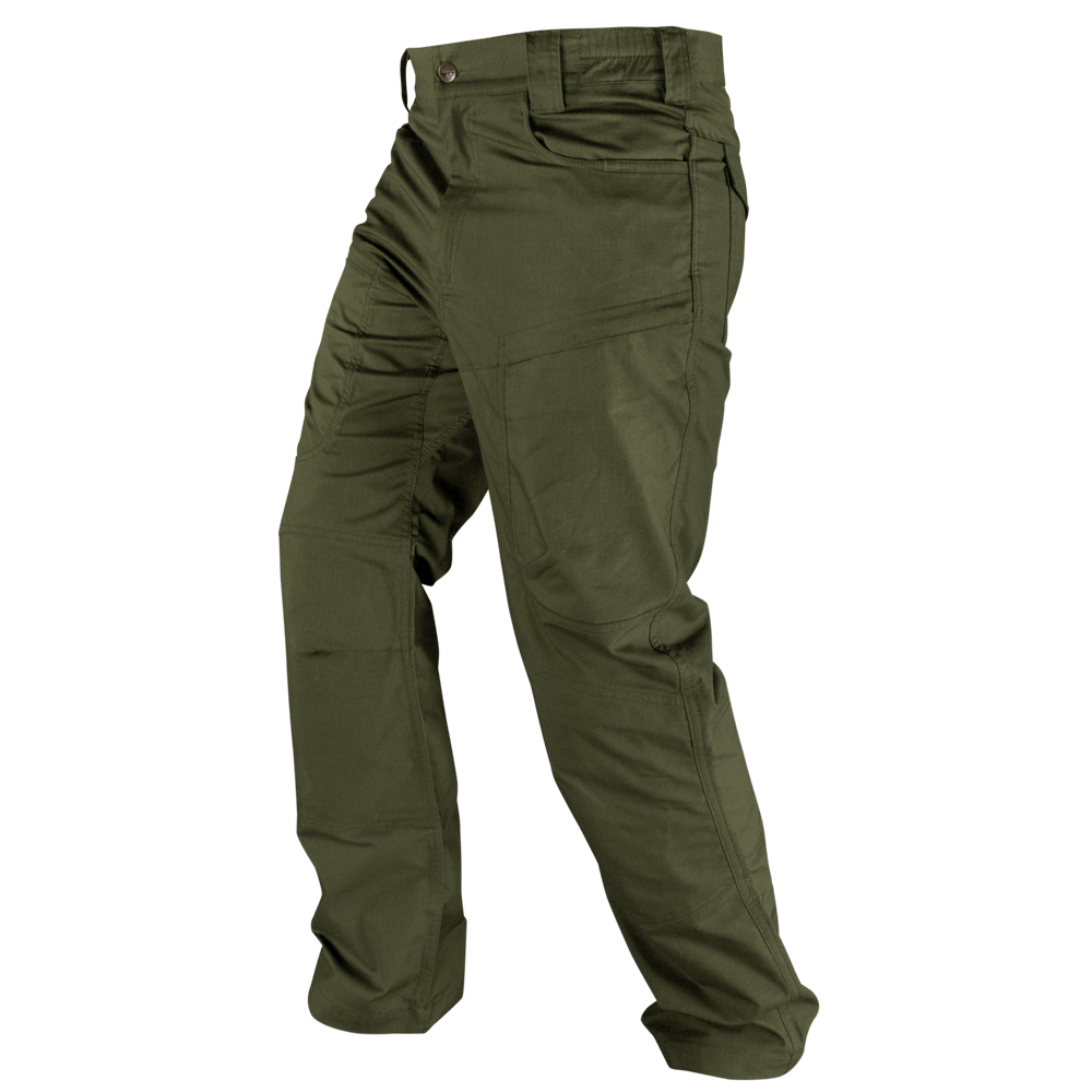 The Condor Odyssey Pants Gen III in olive green feature multiple pockets and are shown from the left side at a slight angle on an invisible mannequin—ideal for military or first responder use.
