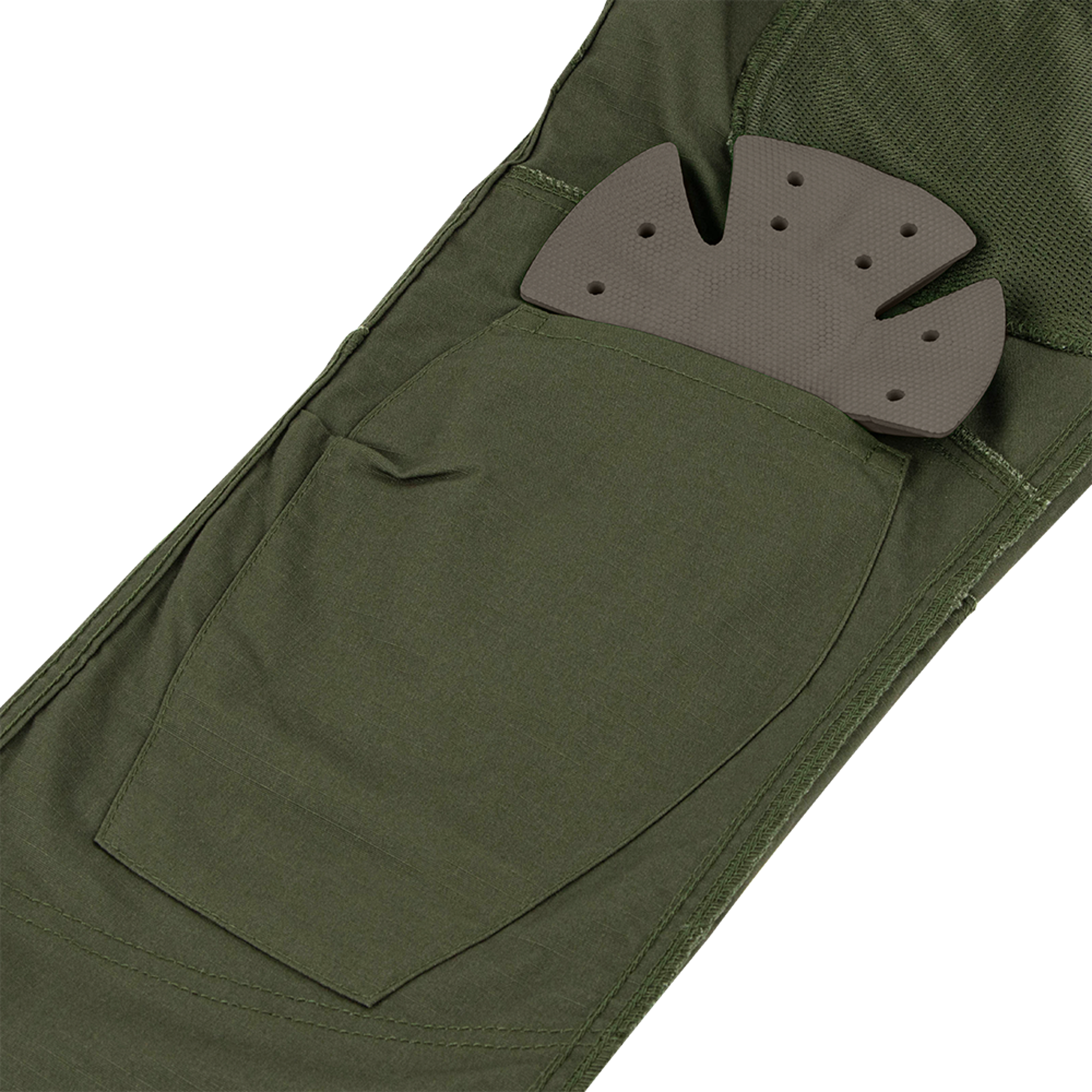 Close-up of Condor Odyssey Pants Gen III in olive green, featuring a pocket with a removable contoured protective pad.