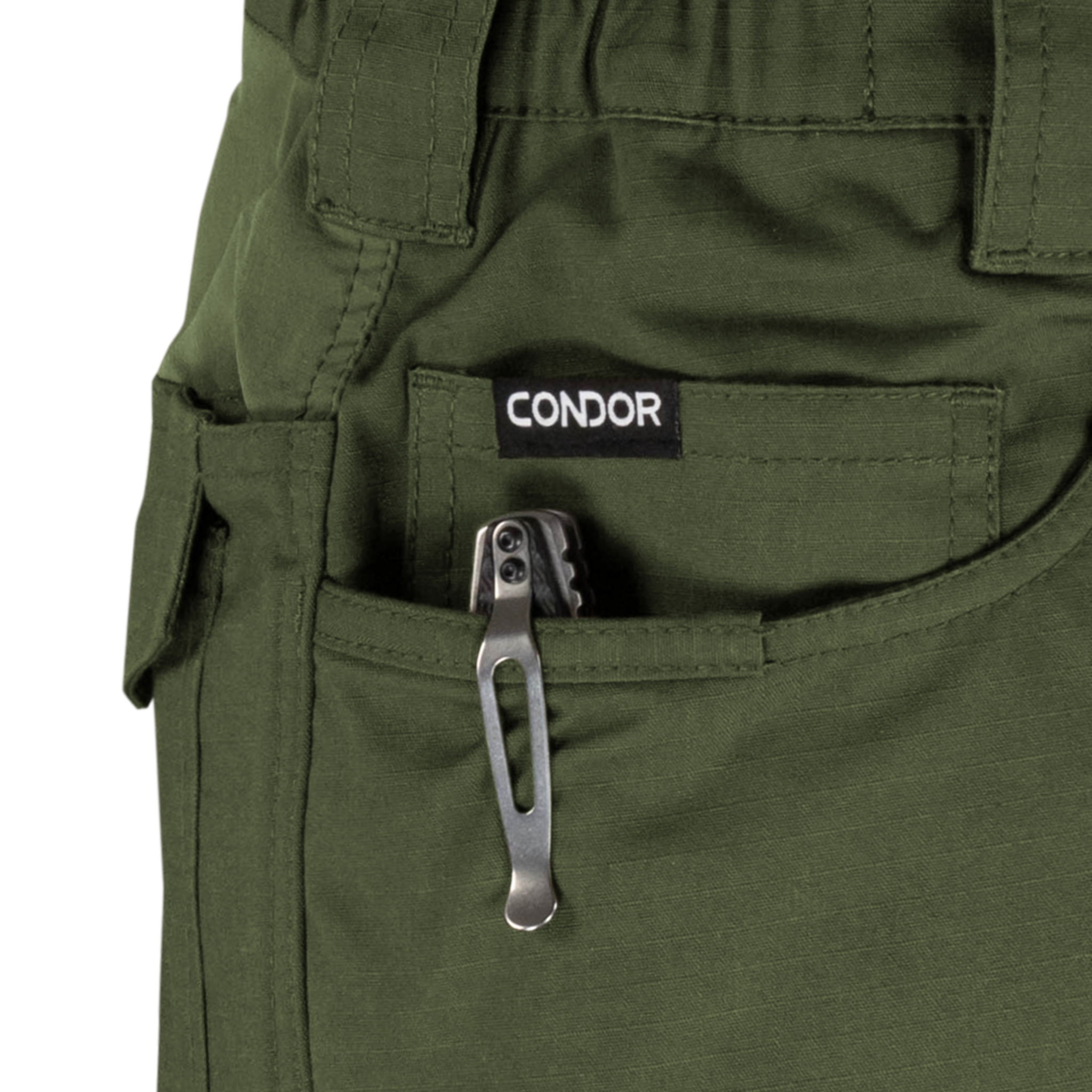Close-up of the green pocket on Condor Odyssey Pants Gen III, featuring a multitool clipped to the edge and a Condor label above the pocket.
