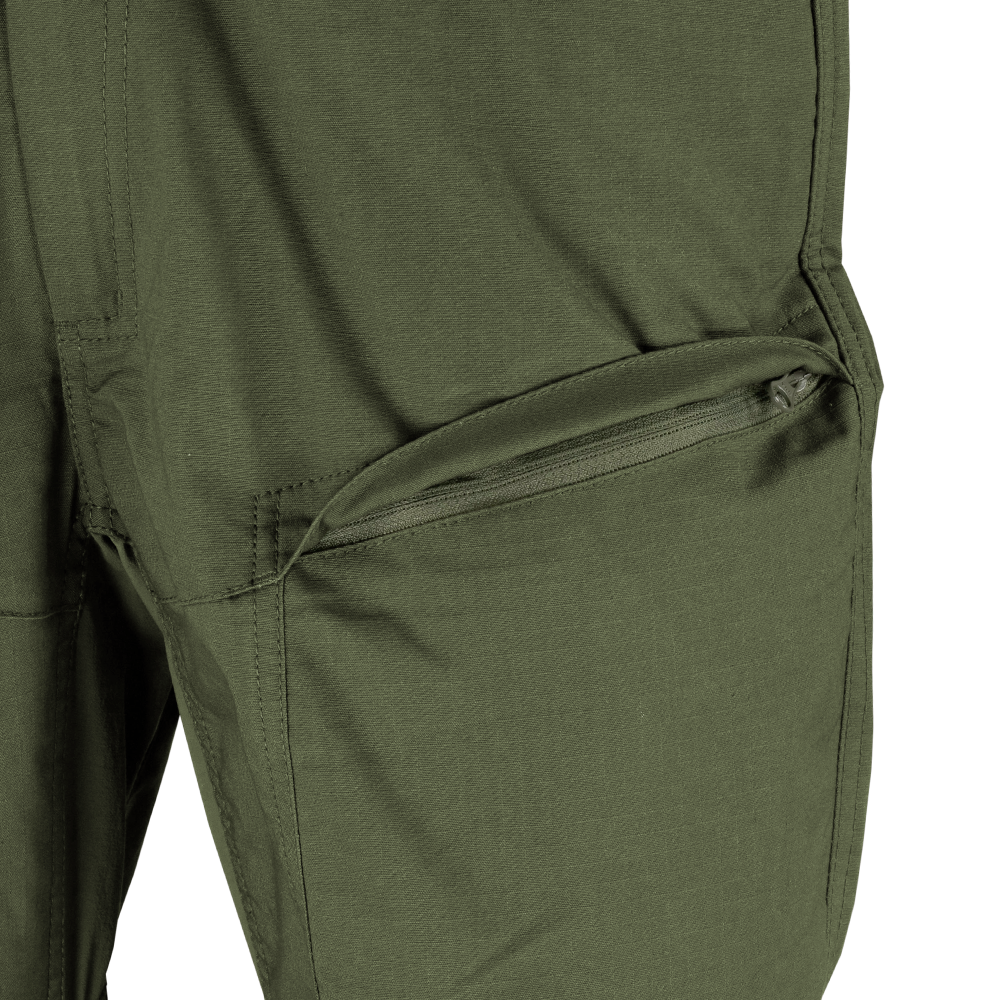 Close-up of an olive green Condor Odyssey Pants Gen III leg, highlighting the zippered thigh pocket.