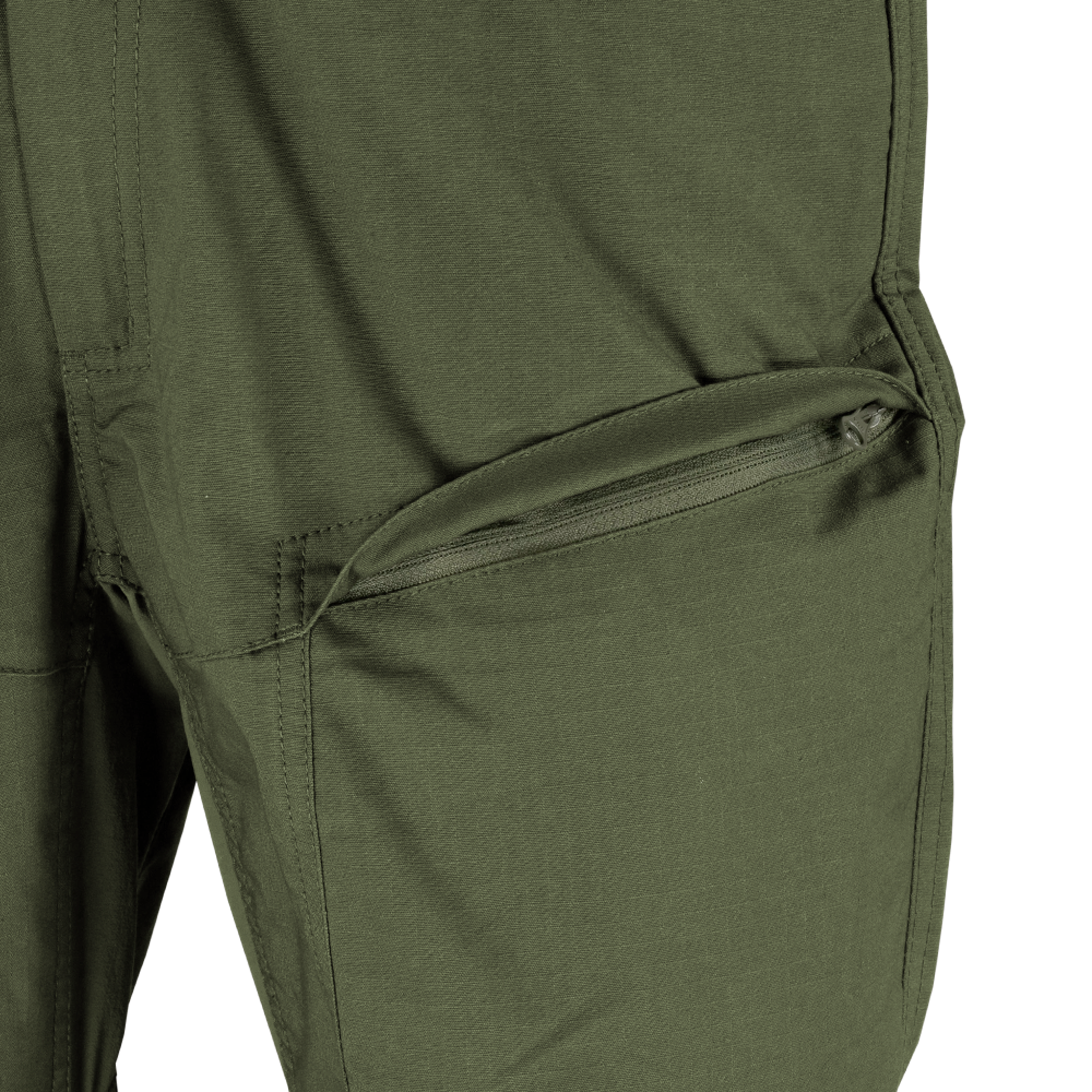 Close-up of Condor Odyssey Pants Gen III in olive green, highlighting a partially open zippered thigh pocket.