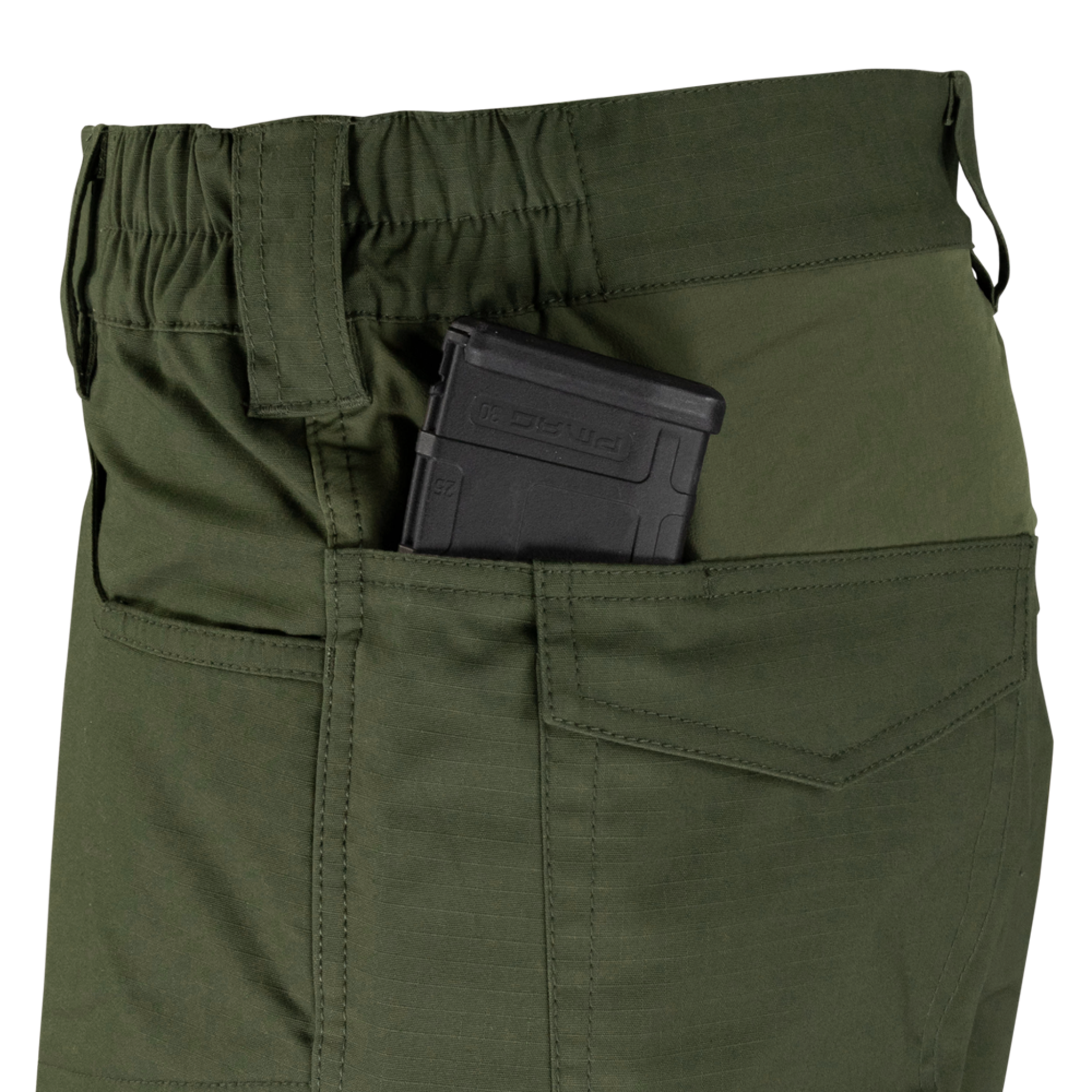 A black magazine partially tucked into the side pocket of olive green Condor Odyssey Pants Gen III.