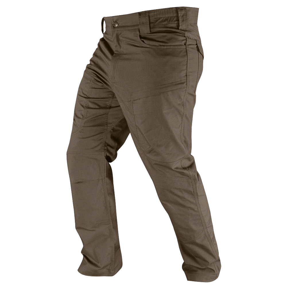 The Condor Odyssey Pants Gen III, shown from the side in brown, feature front and side pockets, belt loops, and a button waist closure.