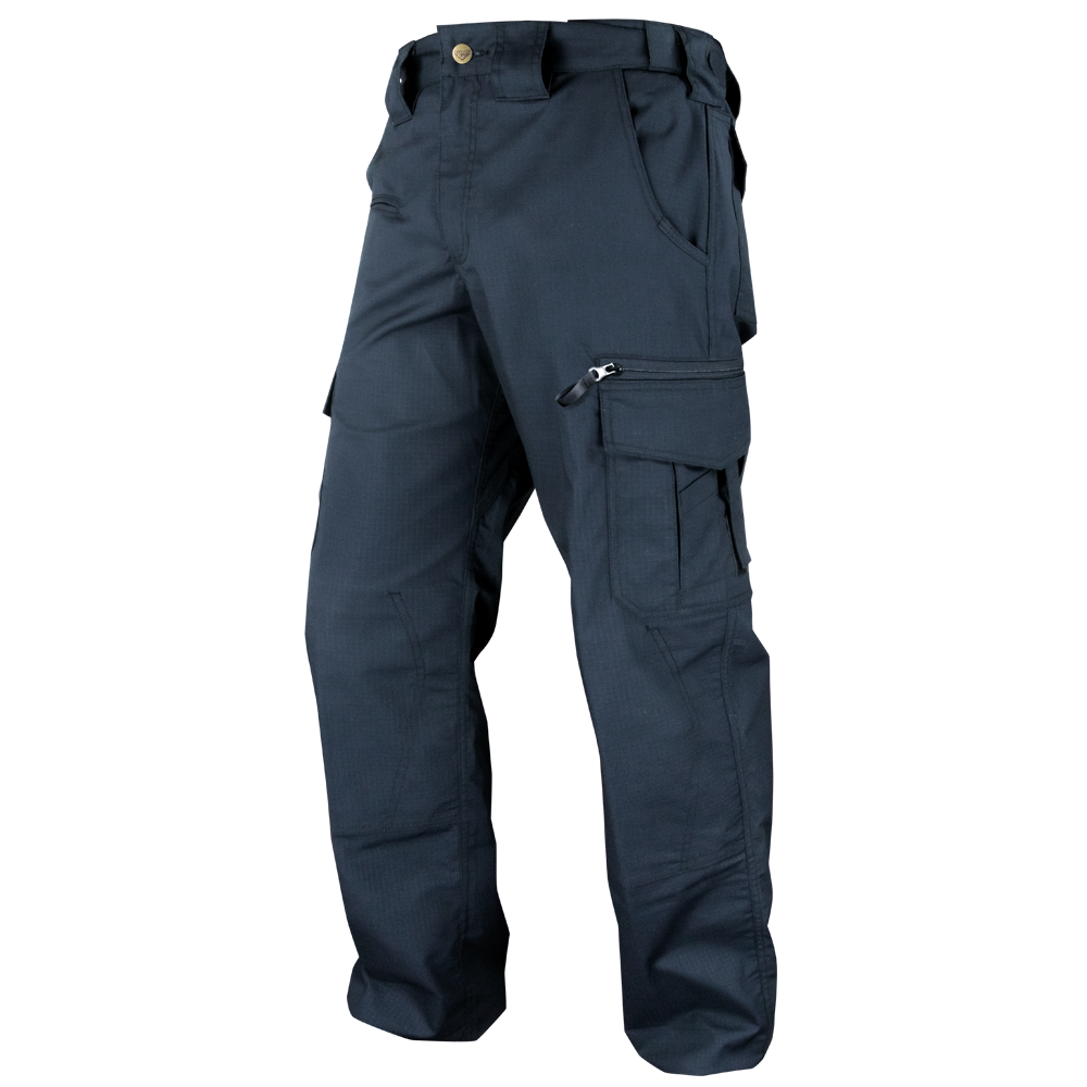 Condor Mens Protector EMS Pants in navy blue feature multiple pockets, belt loops, and a visible zipper on one pocket, shown against a white background.