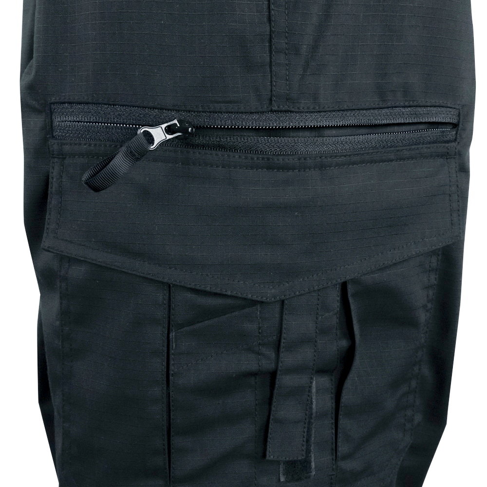Close-up of Condor Mens Protector EMS Pants in black, highlighting a horizontal zippered pocket above a flap pocket.