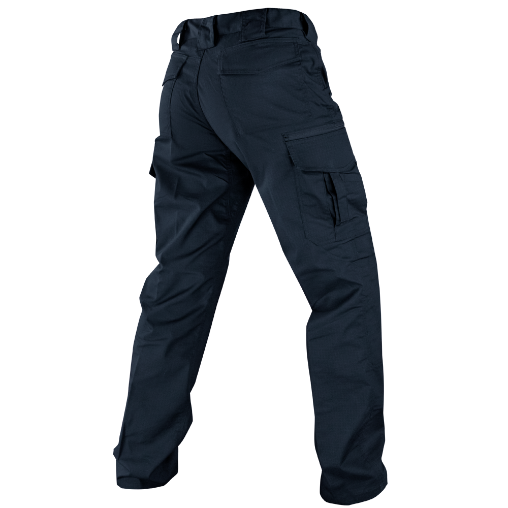 A rear view of a person wearing Condor Womens Protector EMS Pants in dark blue with multiple pockets, standing against a white background.