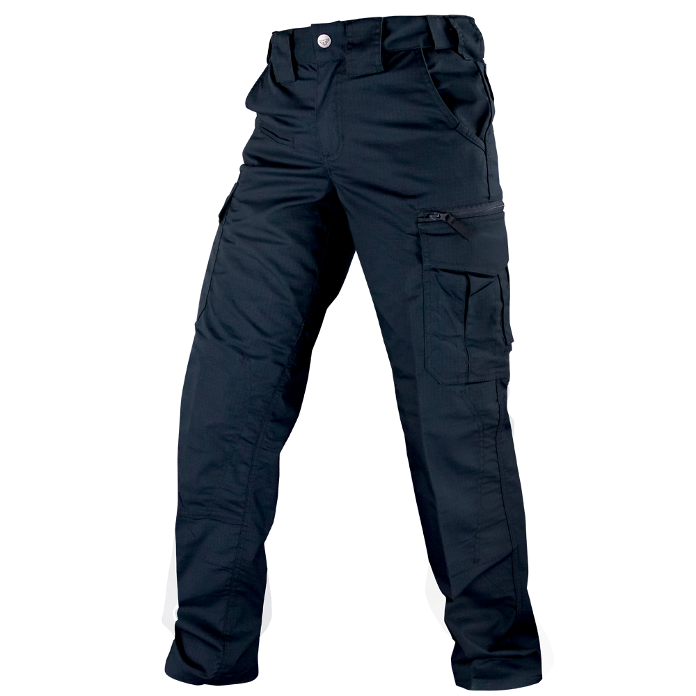 The Condor Womens Protector EMS Pants are black tactical cargo pants with multiple pockets, including a large right-leg side pocket, shown against a white background.