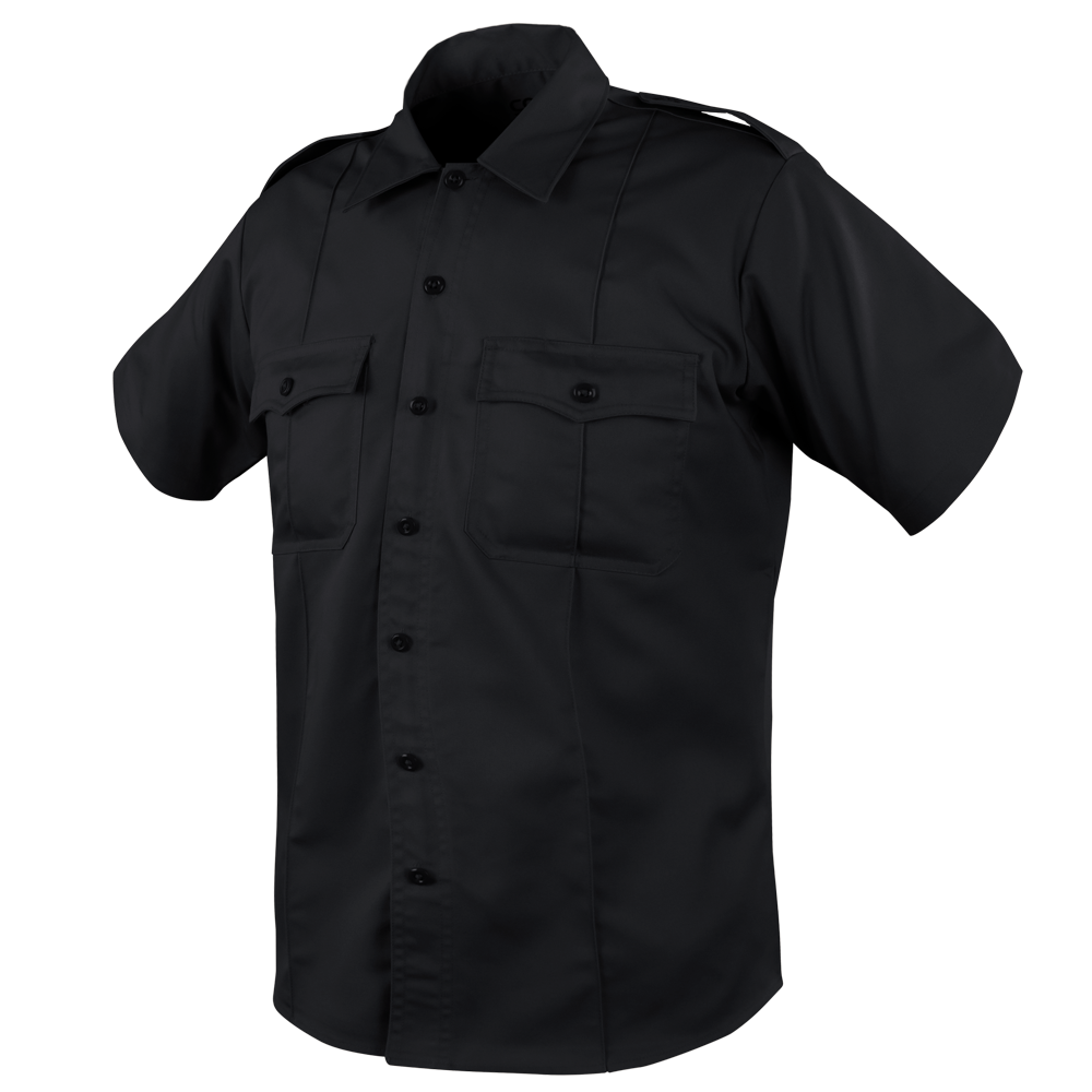 The Condor Mens Class B Uniform Shirt | SALE is a black, short-sleeved tactical button-up with two chest pockets and shoulder epaulets.