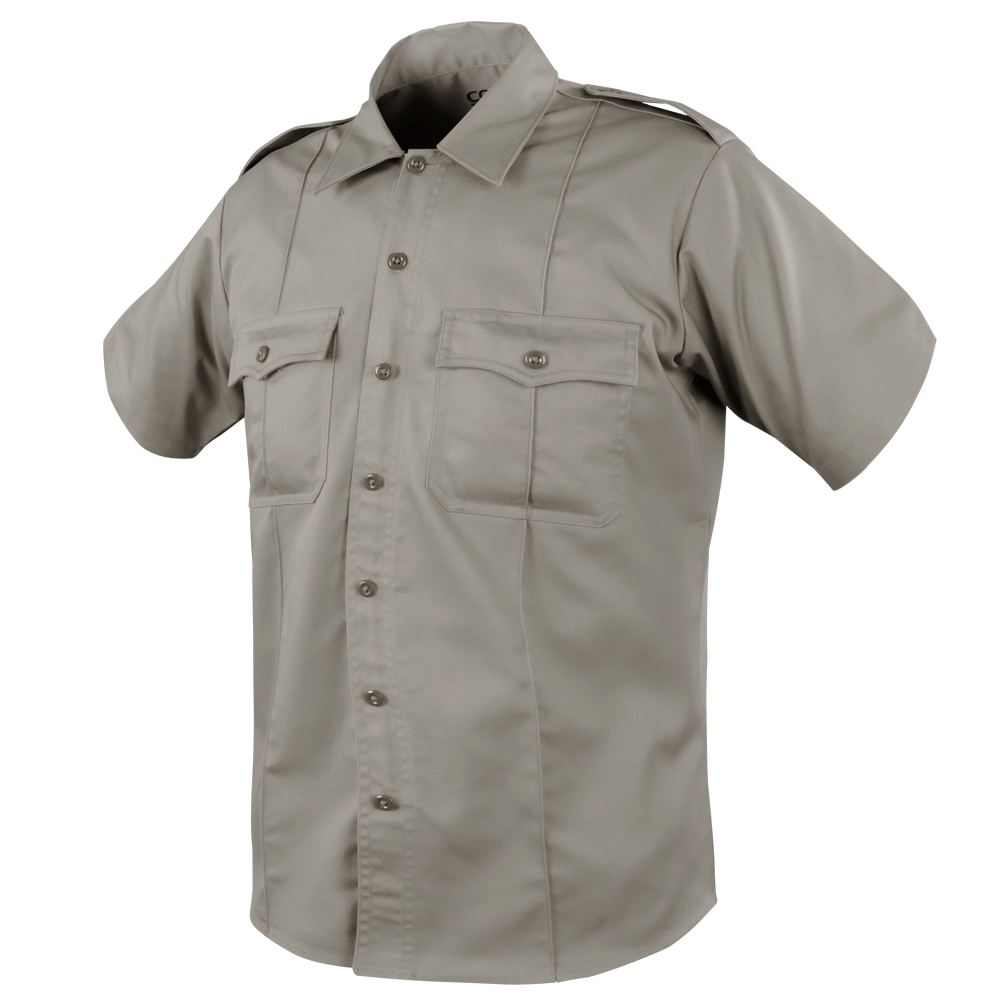The Condor Mens Class B Uniform Shirt is a short-sleeve khaki shirt featuring a button front, two button-flap chest pockets, and shoulder epaulets, ideal for tactical or law enforcement use. Now on SALE. Displayed on a plain background.