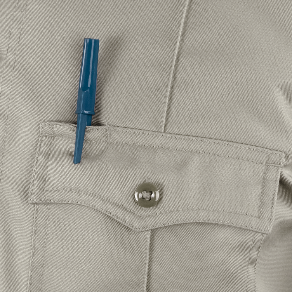 A blue pen is clipped to the flap of a Condor Mens Class B Uniform Shirt pocket, which features a button.