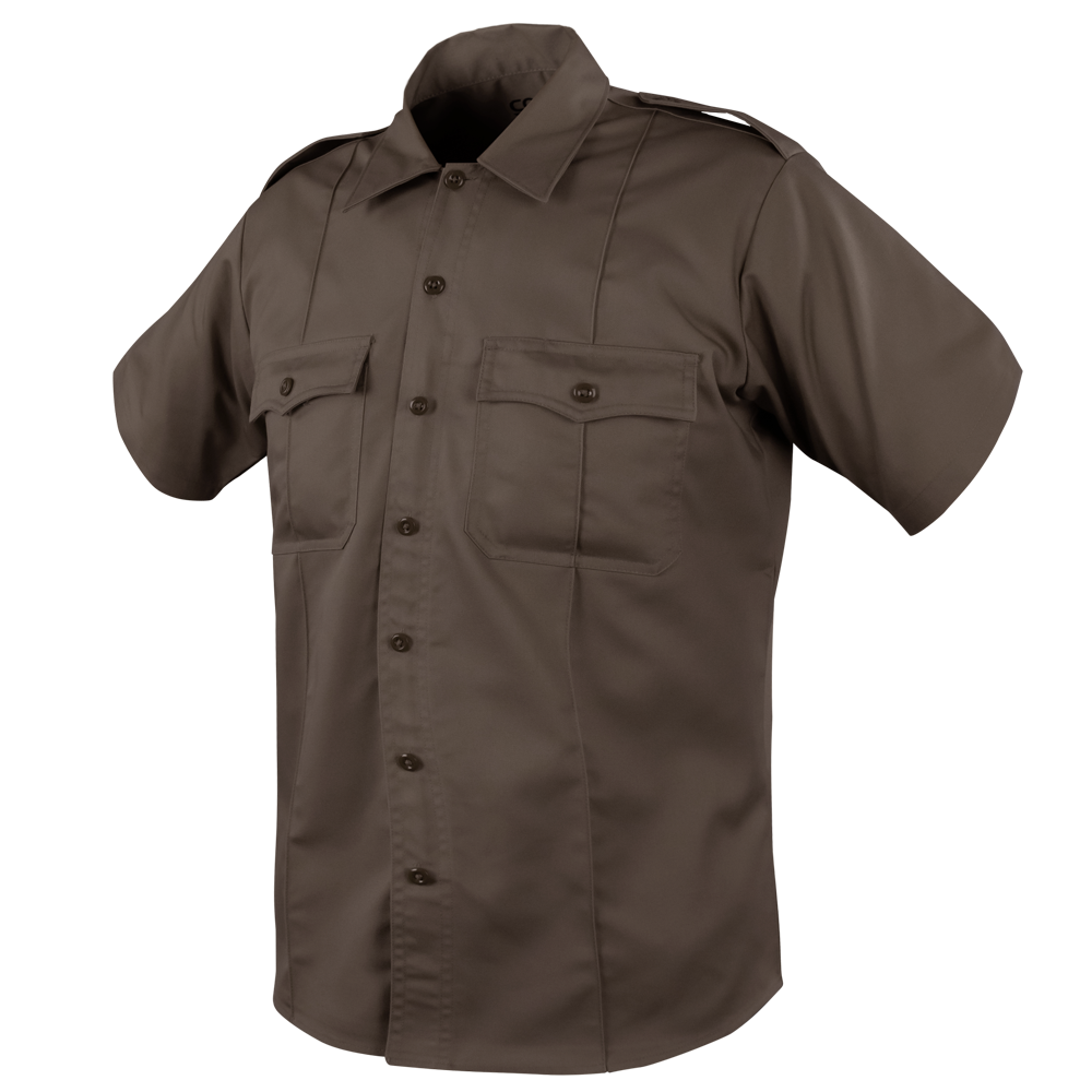 The Condor Mens Class B Uniform Shirt, on sale, is a short-sleeve brown button-up with two chest pockets and shoulder epaulets, inspired by classic military style and displayed on a plain background.