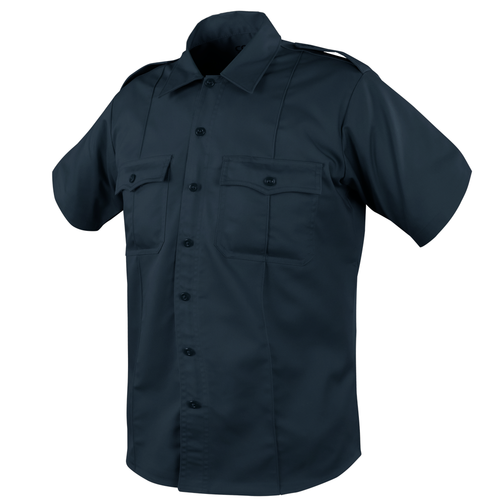 The Condor Mens Class B Uniform Shirt | SALE features short sleeves, dark navy color, dual chest pockets, tactical shoulder epaulets, and a pointed collar—perfect for military or law enforcement professionals.