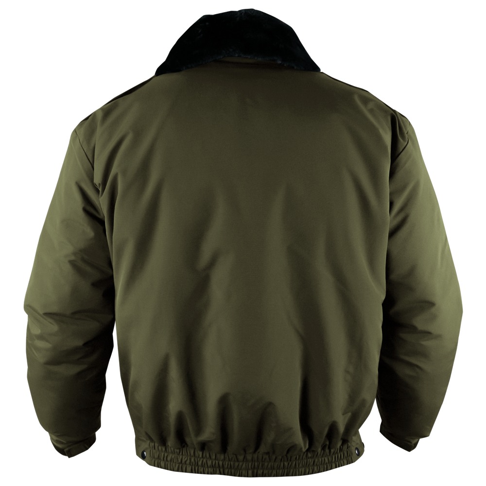 Back view of the Condor Guardian Duty Jacket in olive green, featuring a black collar, insulated design, and elastic cuffs and hem. On SALE.