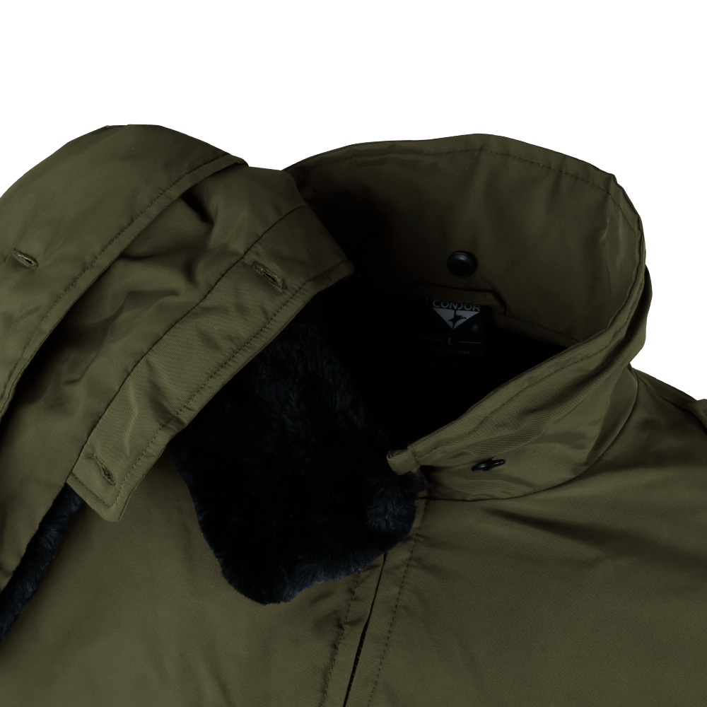 Close-up of the Condor Guardian Duty Jacket in olive green, featuring a faux fur lining and snap-button collar. On SALE.