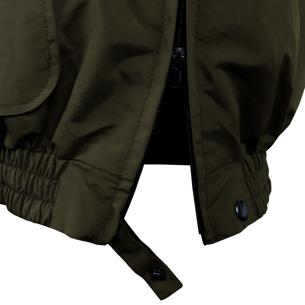 Close-up of the Condor Guardian Duty Jacket | SALE in olive green, featuring a partially unzipped zipper, elastic waistband with stitching, snap button, and hanging strap.