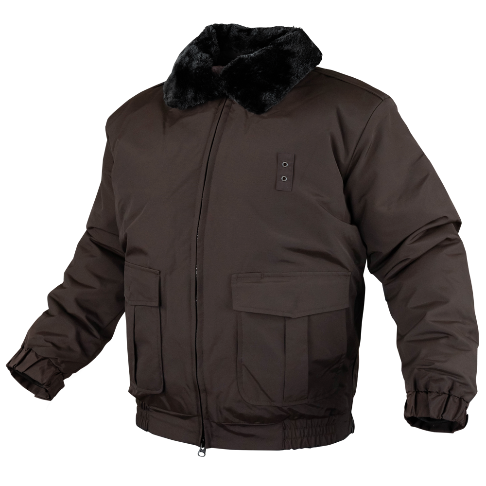 The Condor Guardian Duty Jacket | SALE features a black fur collar, two large flap pockets, front zipper, and elastic cuffs and waistband—perfect for military or first responders needing reliable warmth in cold weather.
