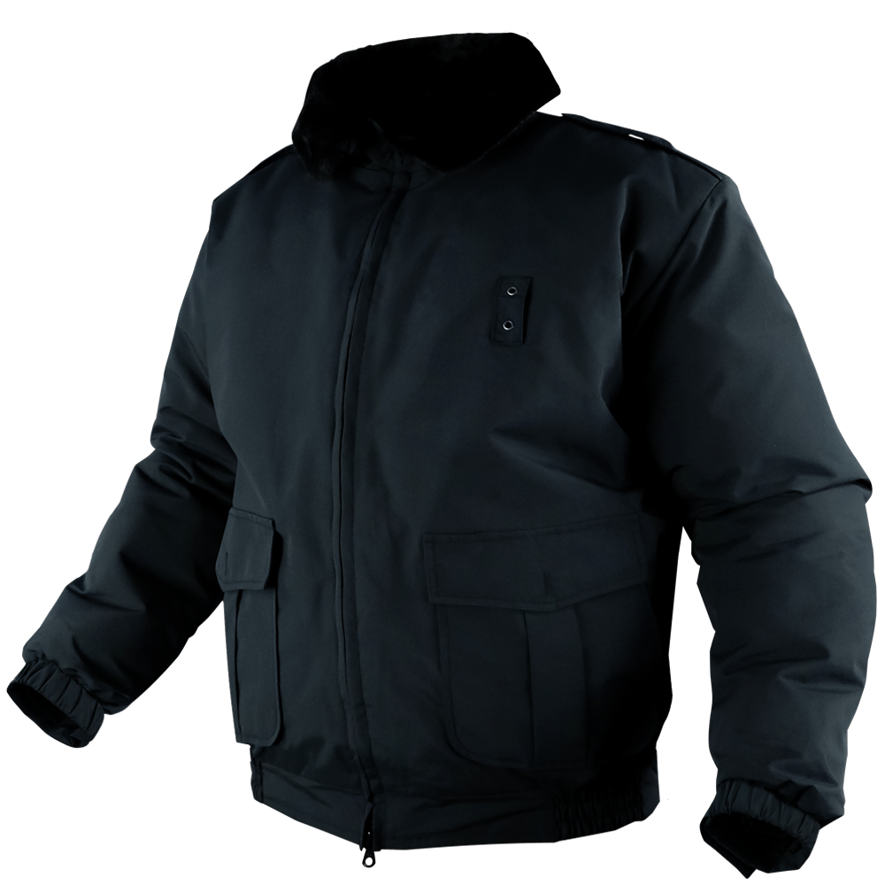The Condor Guardian Duty Jacket | SALE is a black winter jacket with a front zipper, two large flap pockets, buttoned chest pocket, elastic cuffs, and high collar. Ideal for law enforcement use. Displayed on a mannequin.