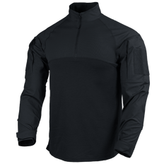 The Condor Long Sleeve Combat Shirt Gen II features a black, quarter-zip front, high collar, and sleeve patches—making it ideal for military or first responder use.