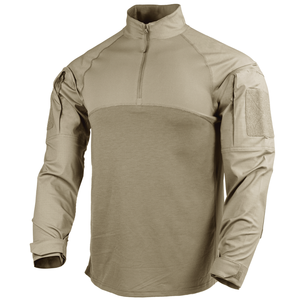 The Condor Long Sleeve Combat Shirt Gen II in beige features a quarter-zip front, high collar, and reinforced sleeve patches, shown on a plain background.