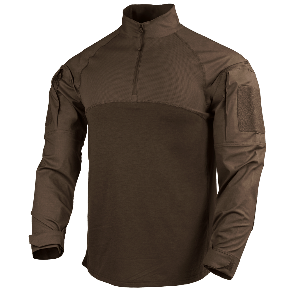 The Condor Long Sleeve Combat Shirt Gen II features a brown design with a quarter-zip front, shoulder pockets, and adjustable cuffs, shown on a plain white background.