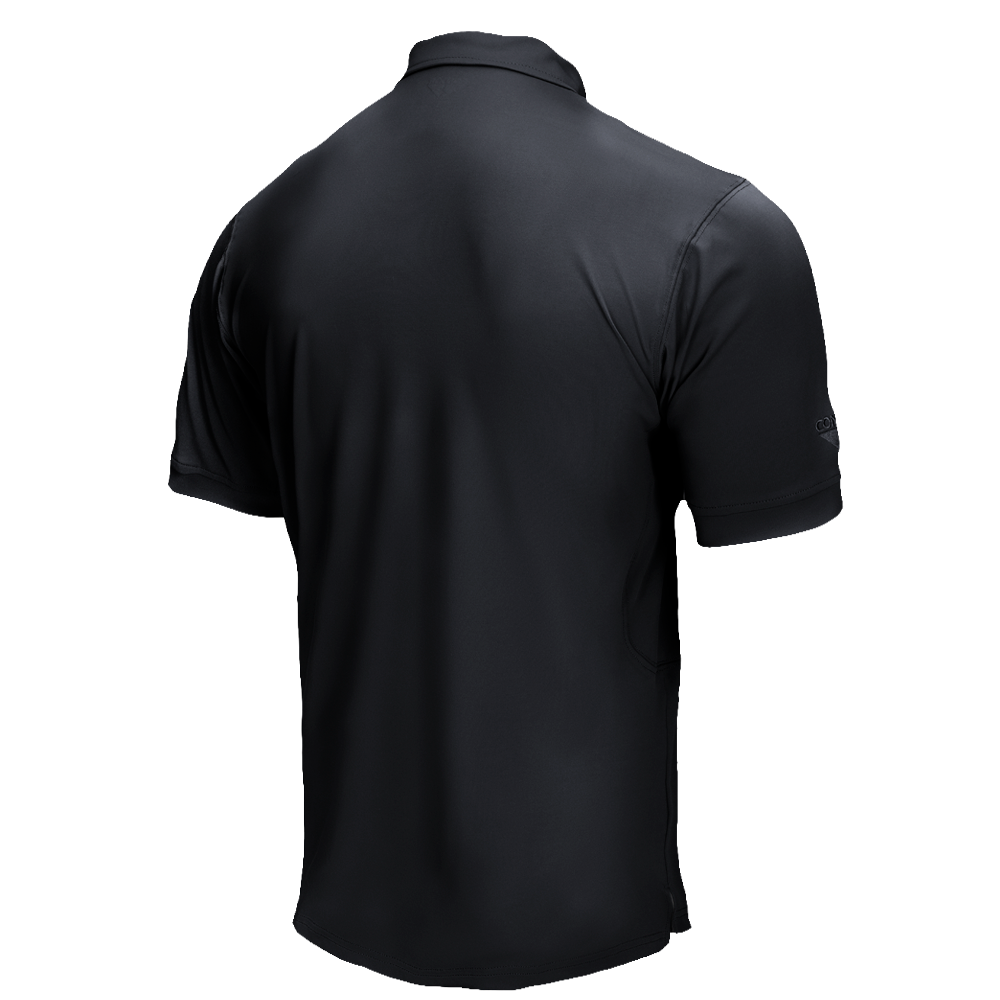 Back view of the Condor Short Sleeve Dri-Flex Tactical Polo in black, featuring a collar, shown on a white background.