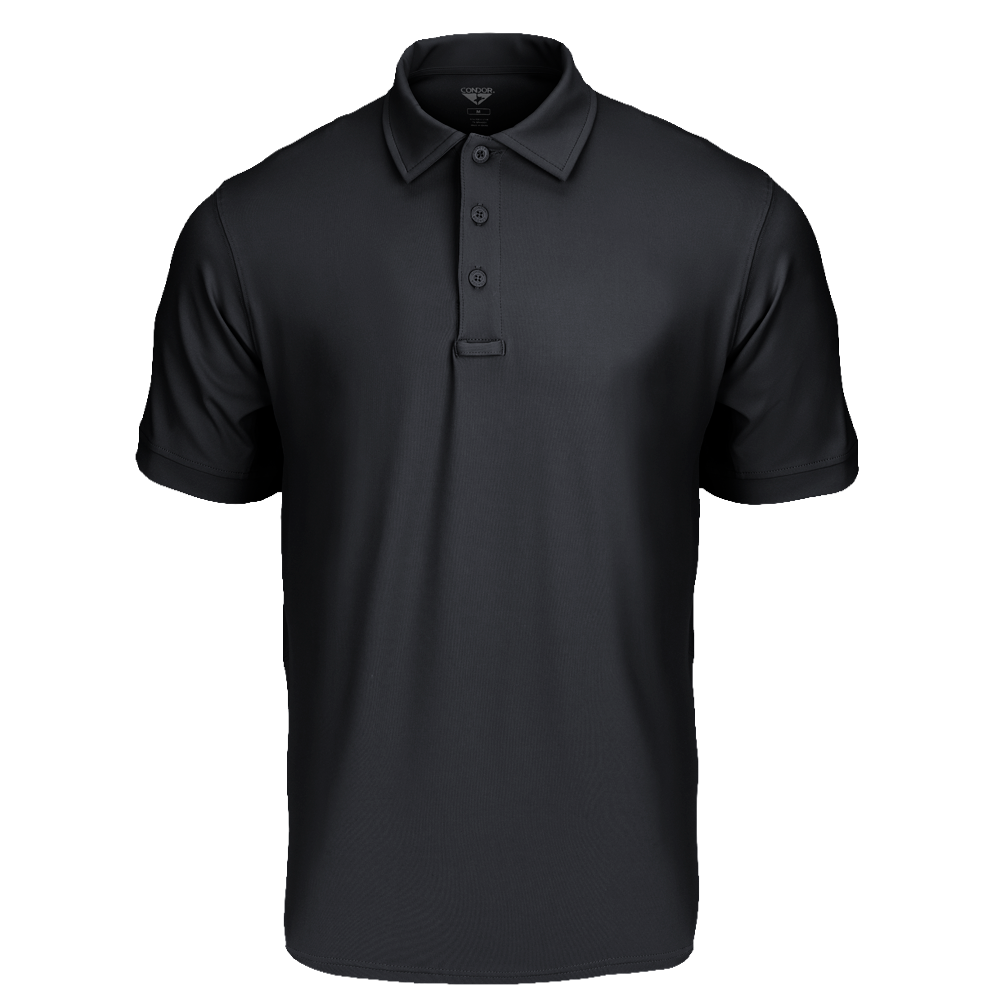 The Condor Short Sleeve Dri-Flex Tactical Polo is a black collared shirt with three buttons, shown on a white background.