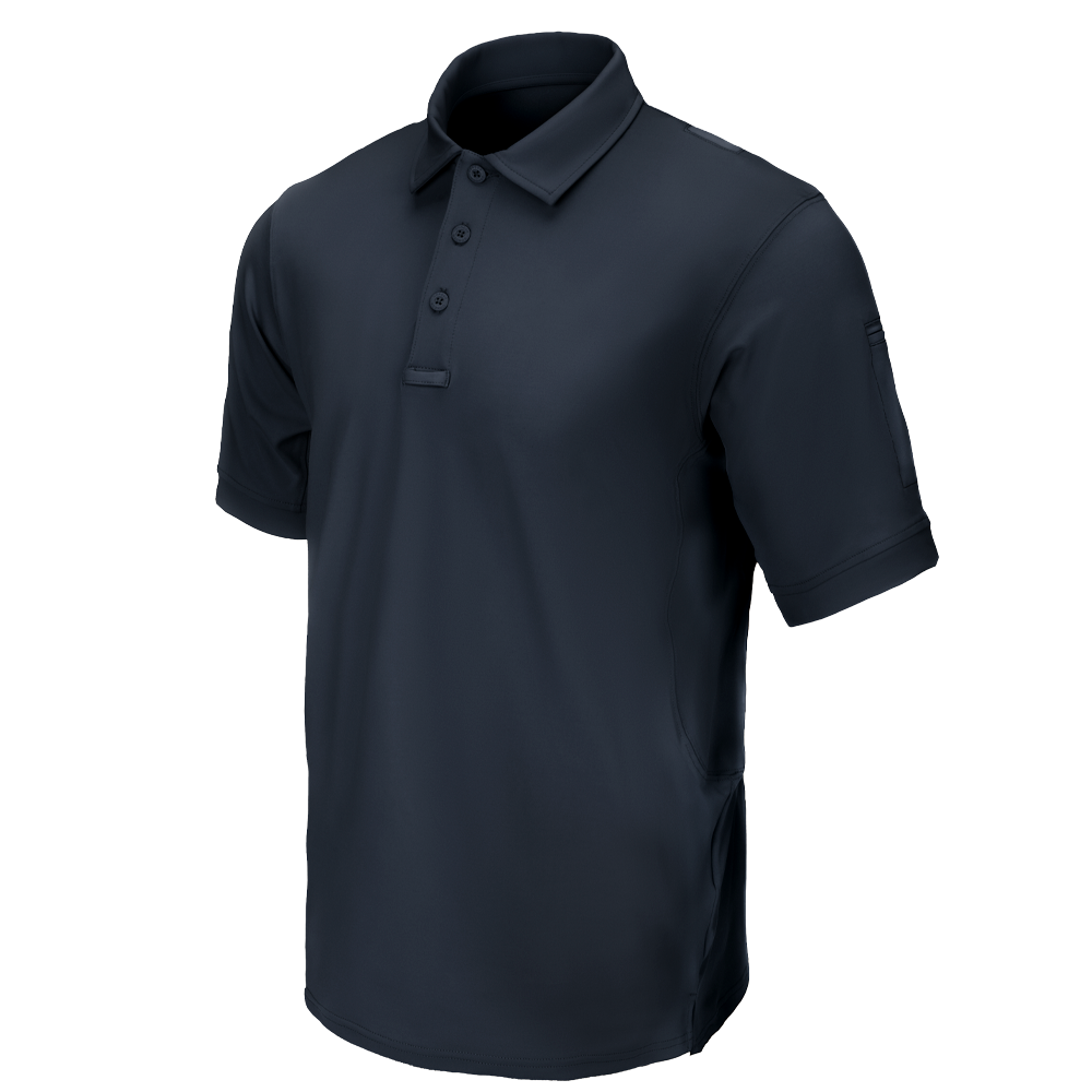 Condor Short Sleeve Dri-Flex Tactical Polo in navy blue features a collar and three-button placket, shown on a plain white background.