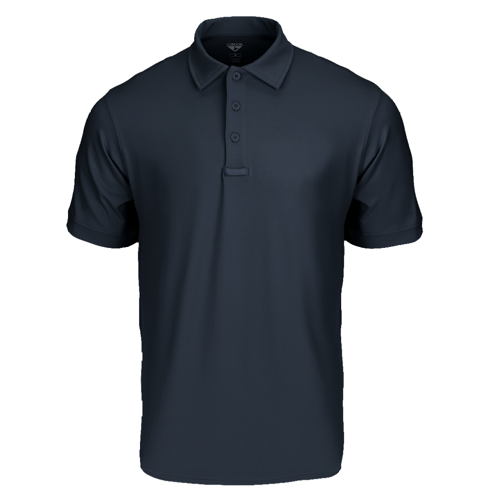 The Condor Short Sleeve Dri-Flex Tactical Polo in navy blue features a collar and three buttons, shown on a white background.