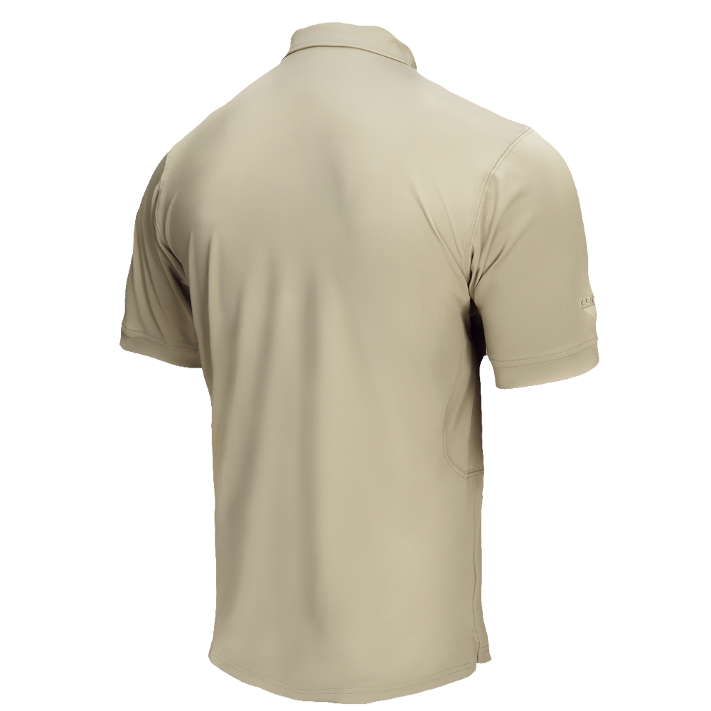 The Condor Short Sleeve Dri-Flex Tactical Polo is shown from the back in beige, featuring a collar and a solid design with no visible logos or patterns.