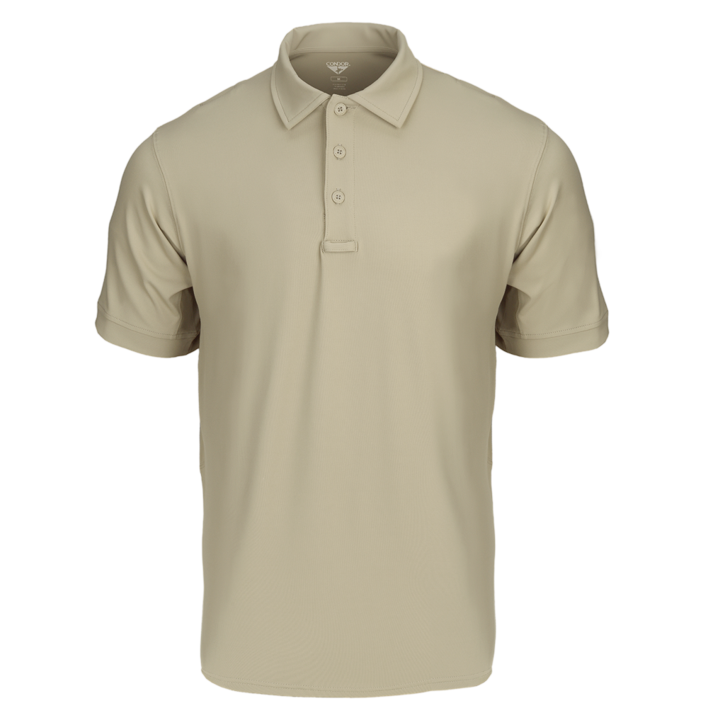 The Condor Short Sleeve Dri-Flex Tactical Polo in Silver Tan features a collar and three-button placket, displayed on a white background.