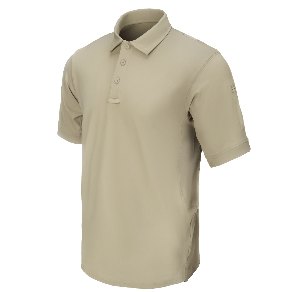 Condor Short Sleeve Dri-Flex Tactical Polo in tan, shown on a blank background, features a classic collar and three-button placket.