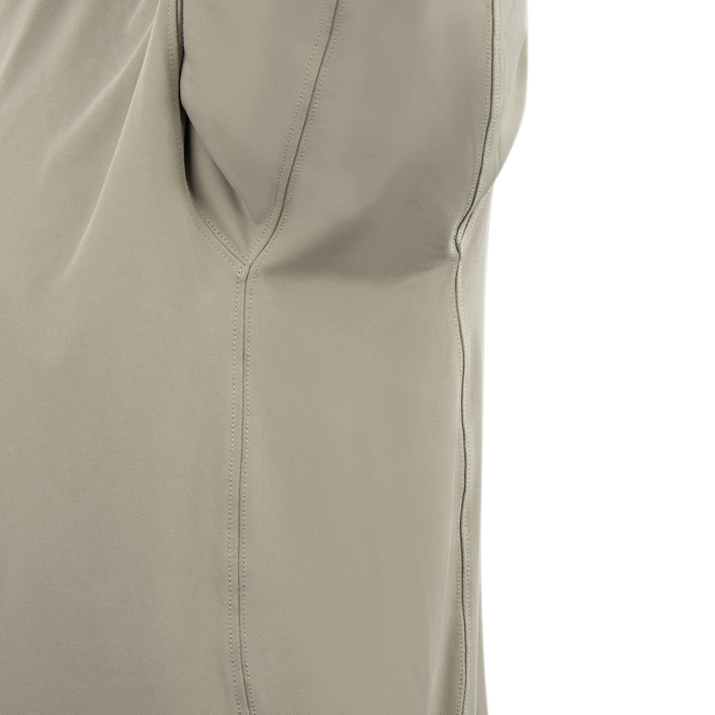 Close-up of the Condor Short Sleeve Dri-Flex Tactical Polo in beige, highlighting the seam and part of the sleeve with visible stitching.
