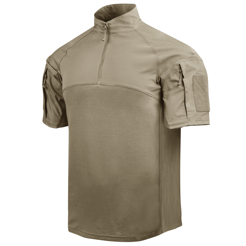 The Condor Short Sleeve Combat Shirt Gen II, shown in tan on a white background, features a quarter-zip front, high collar, and dual sleeve pockets.