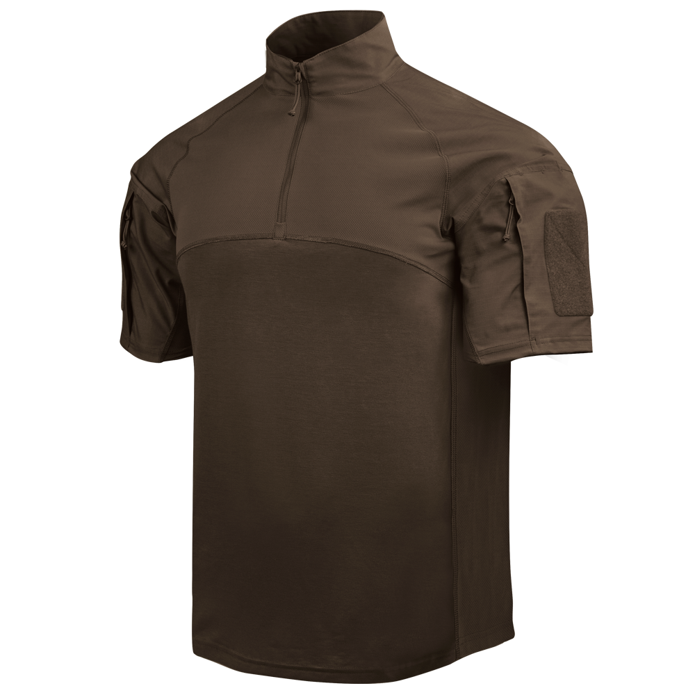 Condor Short Sleeve Combat Shirt Gen II in brown, featuring a quarter-zip front, high collar, and zippered sleeve pockets, is displayed against a plain white background.