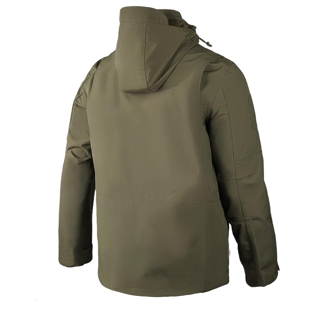 The Condor Aegis Waterproof Parka in olive green is shown from the back, featuring long sleeves and a relaxed fit, set against a plain white background.