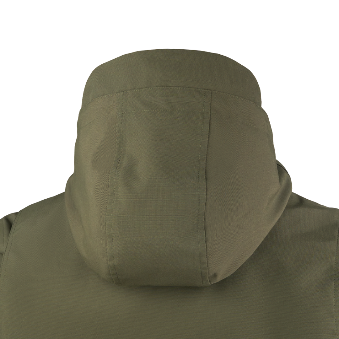 Back view of the Condor Aegis Waterproof Parka in olive green, highlighting the hood’s stitching and fabric texture against a plain white background.