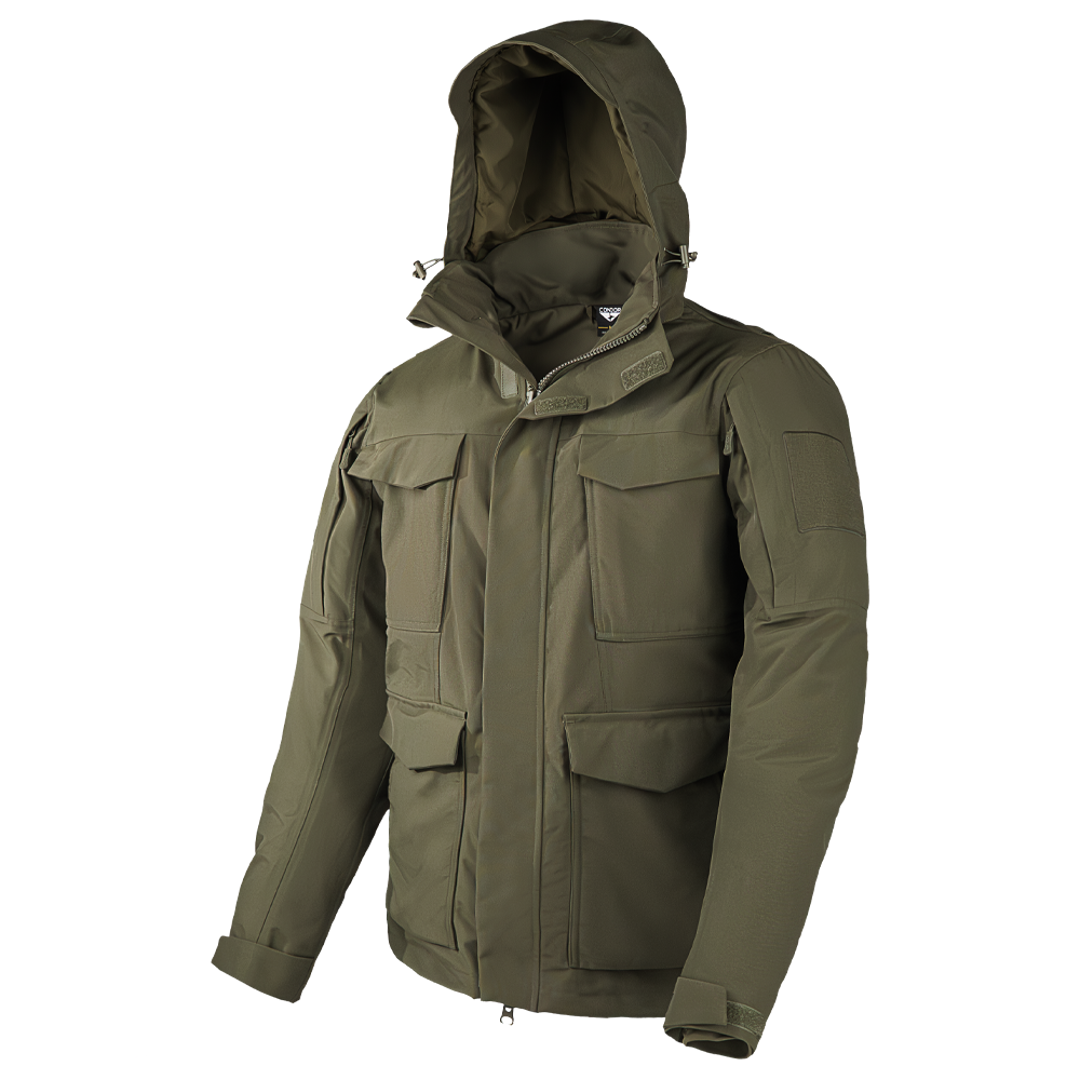The Condor Aegis Waterproof Parka in Olive Drab features a hood, multiple front pockets, and sleeve patch details, shown against a plain white background.