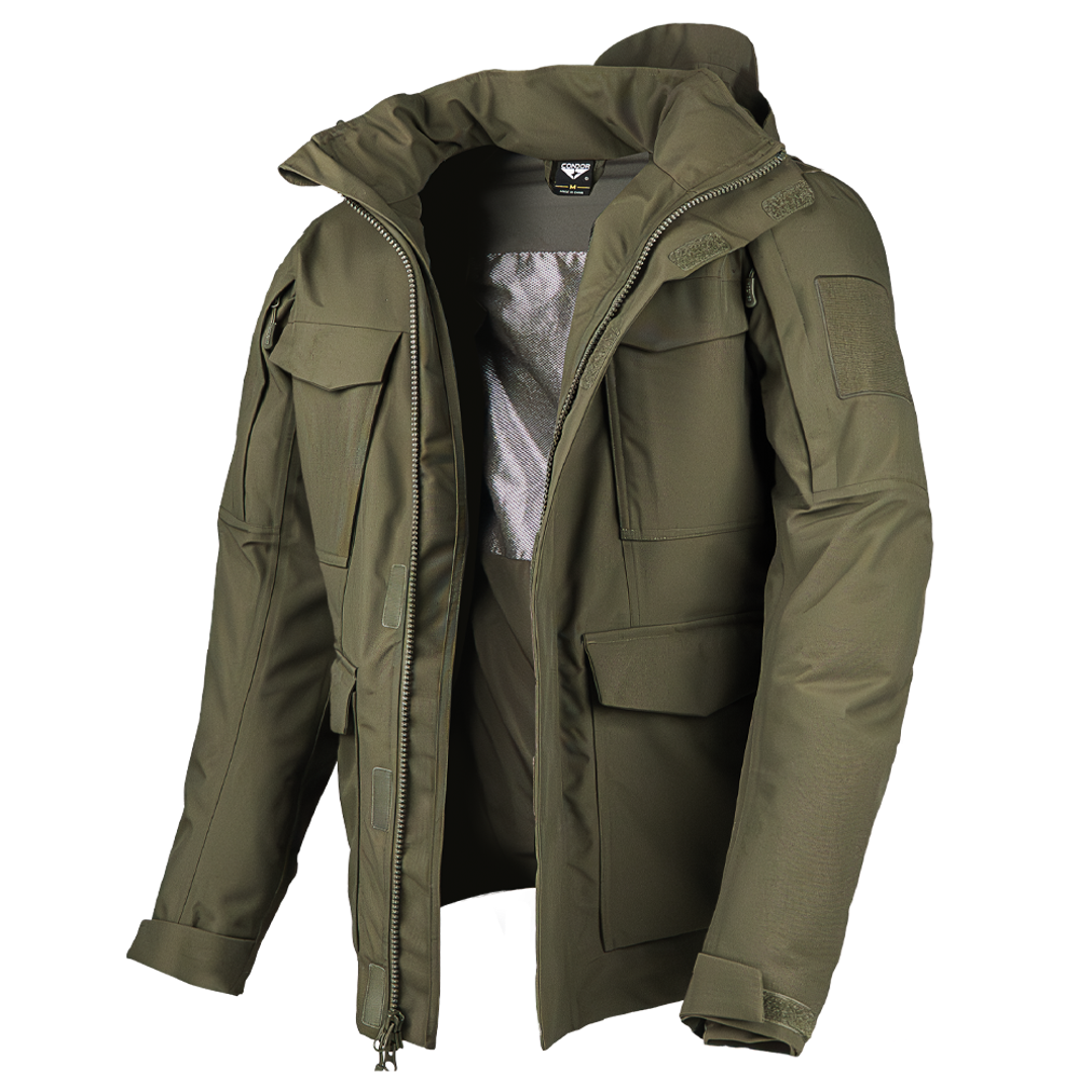 The Condor Aegis Waterproof Parka in olive green features multiple front pockets, a high collar, and a zippered front, shown against a white background.