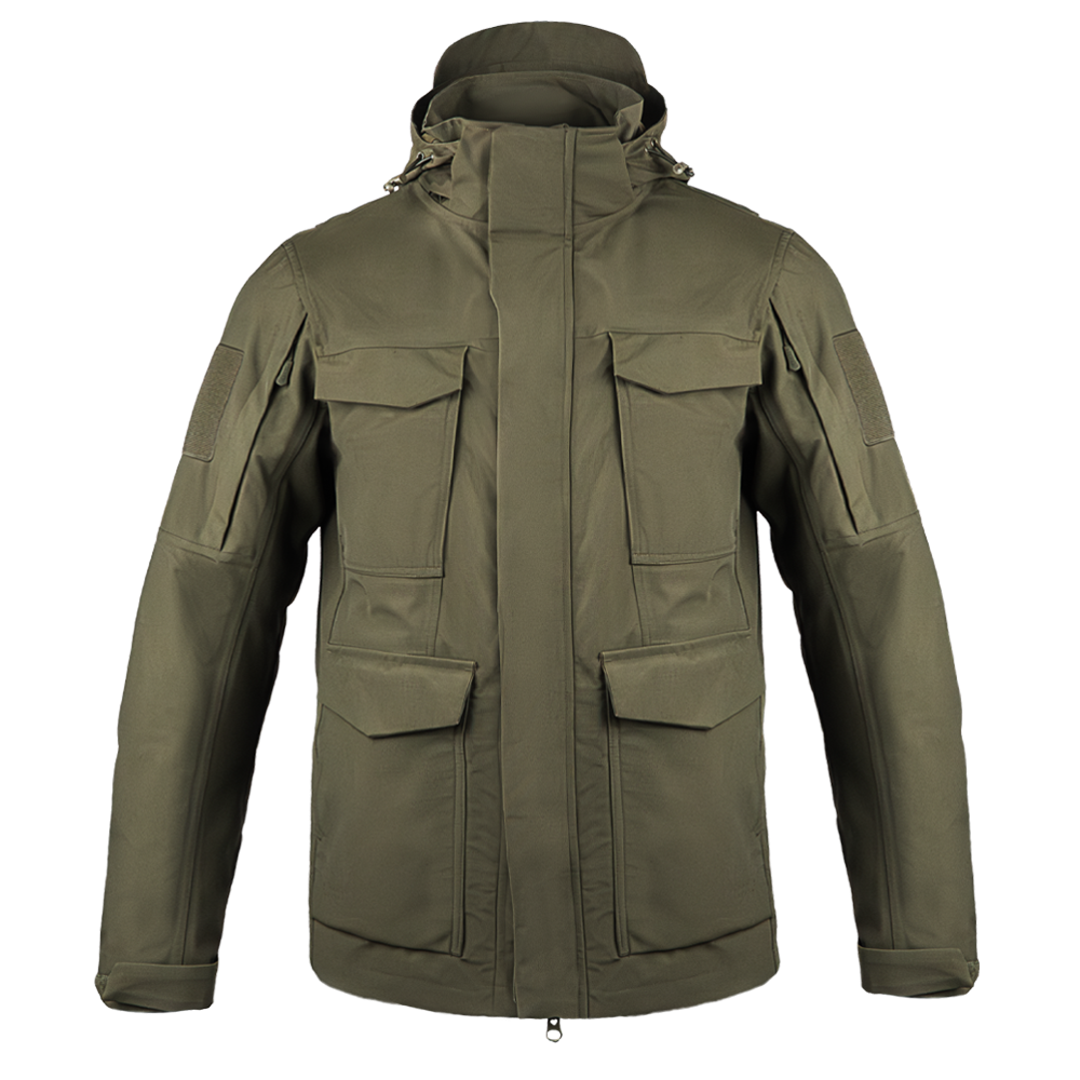 The Condor Aegis Waterproof Parka in olive green features multiple front pockets, a high collar, and an adjustable hood, shown against a plain white background.