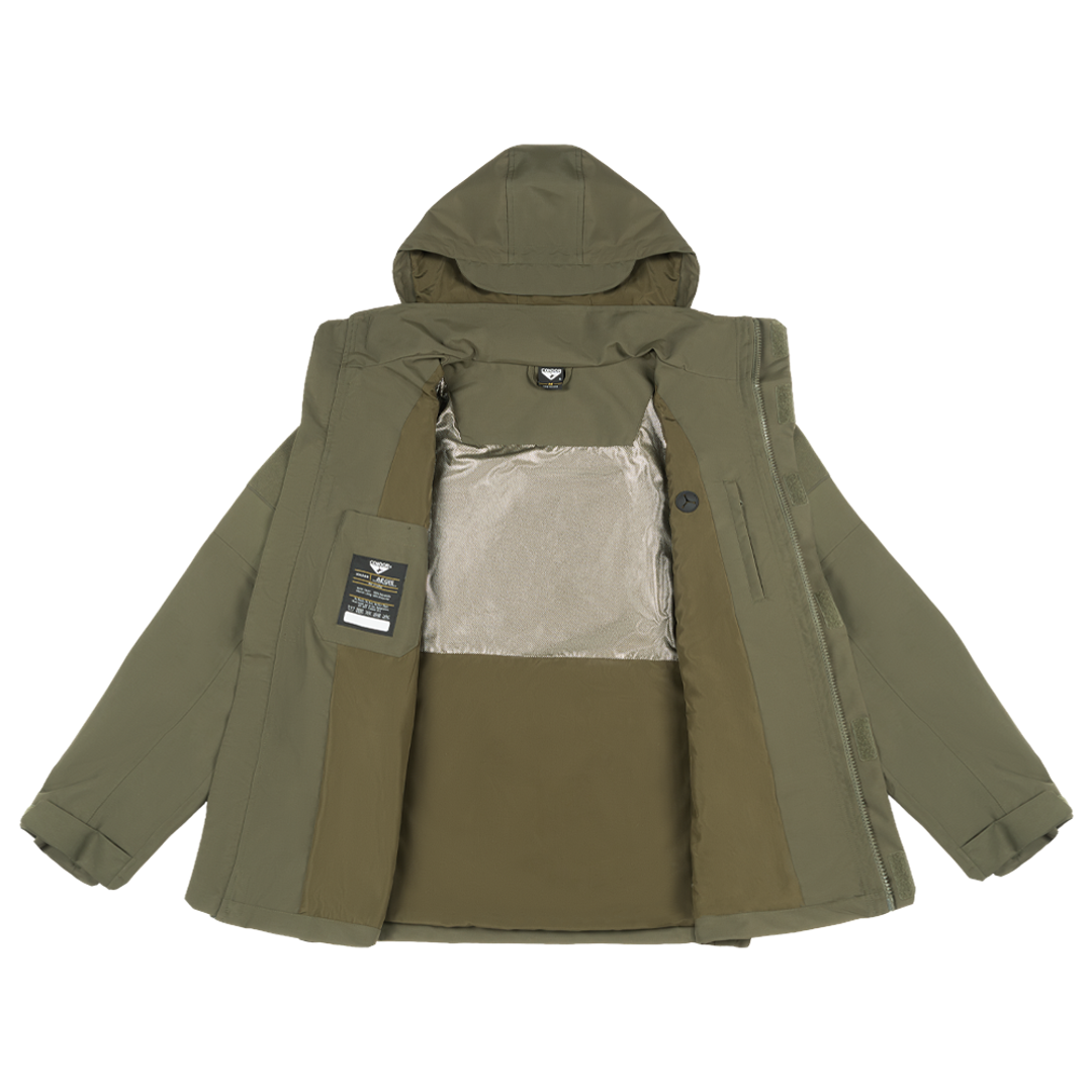 Condor Aegis Waterproof Parka in olive green, shown open with a light brown lining, chest tag, and multiple stitched panels, displayed on a plain white background.