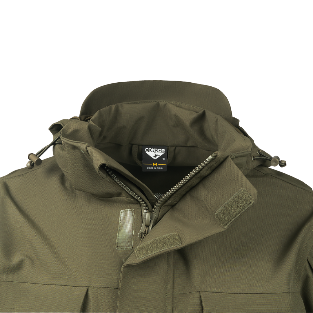 Close-up of the Condor Aegis Waterproof Parka in olive green, featuring a hood, zippers, Velcro closures, and a Condor brand label inside the collar.