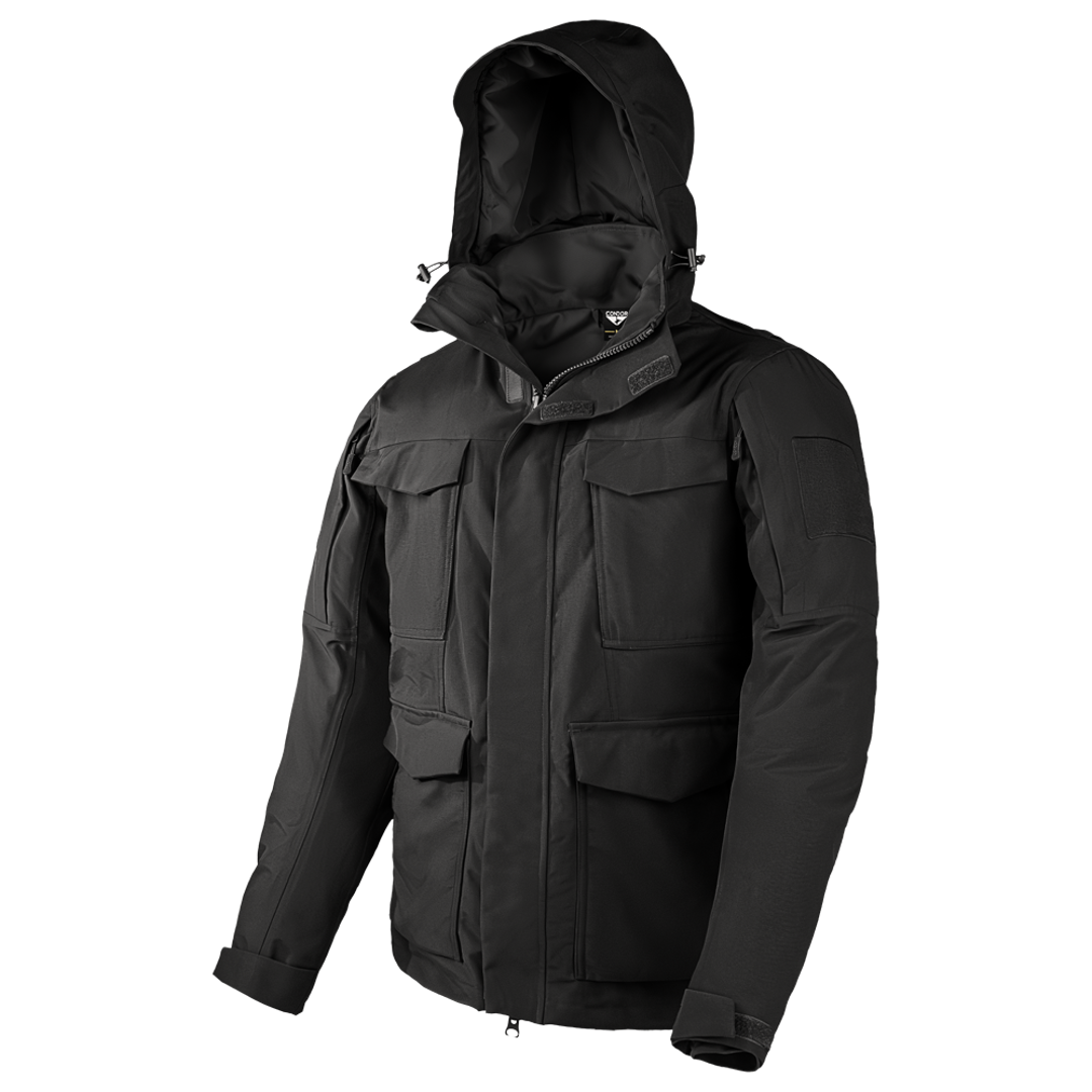 The Condor Aegis Waterproof Parka in black features a hood, multiple front pockets, and adjustable cuffs, shown on a plain white background.