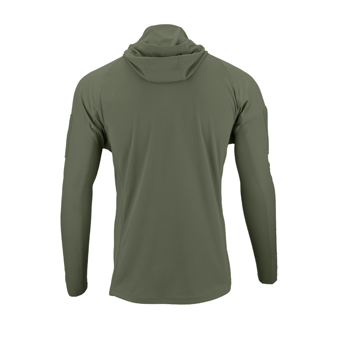 The Condor Trident Sun Shirt in olive green is displayed from the back, featuring long sleeves and a hood against a plain white background.