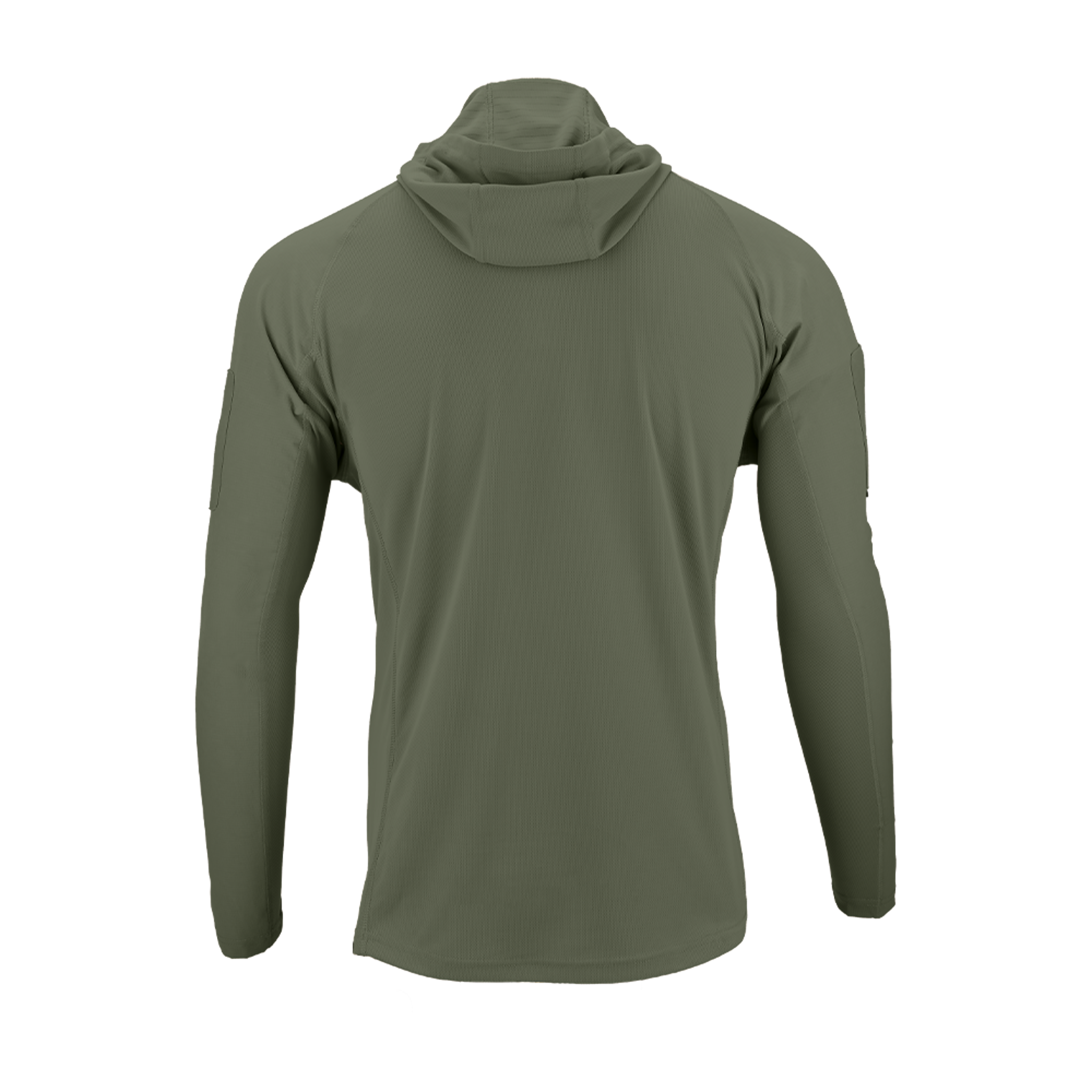 Back view of the Condor Trident Sun Shirt in olive green with long sleeves and a hood, shown against a plain white background.